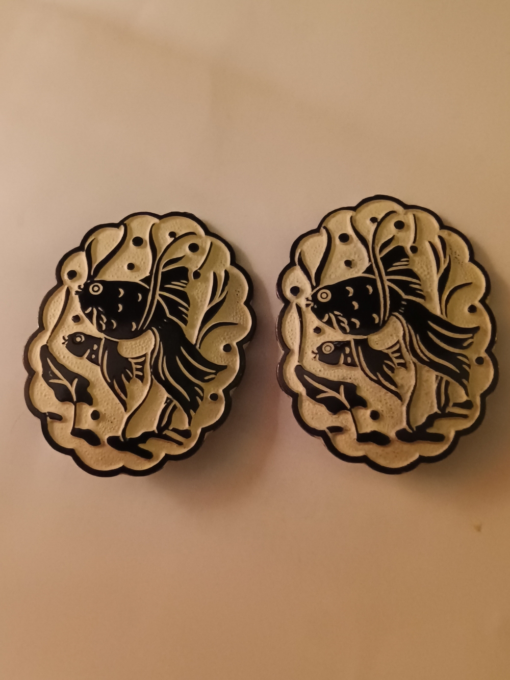 Black and Cream Fish  Plaque Pair - Decorative Clip-on Earrings